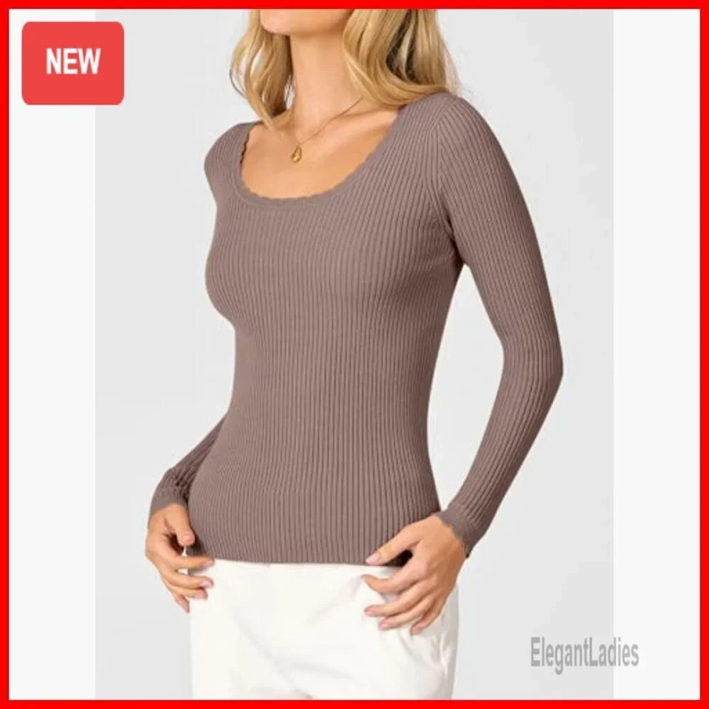 Ribbed Fitted Sweater Long Sleeve Scoop Neck Slim Fit Lightweight Pullover